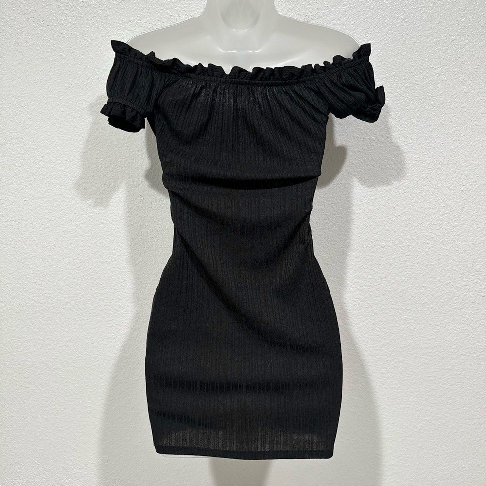 charlotte russe black ribbed off the shoulder ruffle front tie bodycon dress
