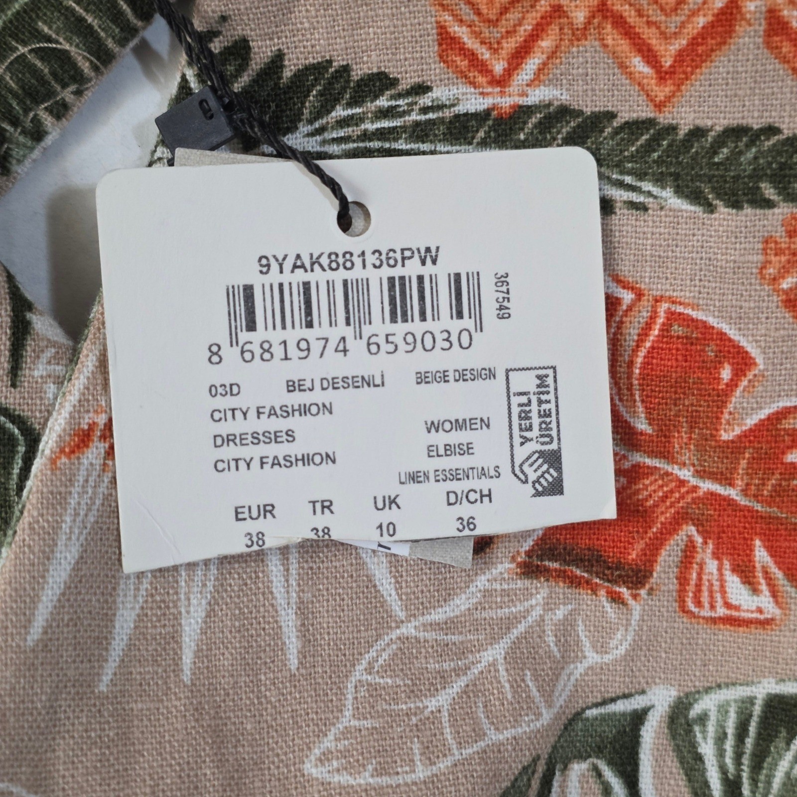 Koton Tropical Leaf Print Midi Dress Women EUR 38 US 6 Beige Green Orange V-Neck