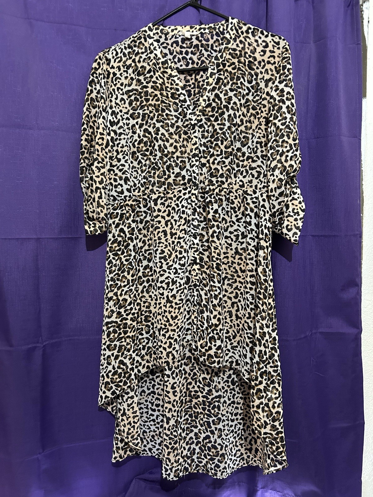 maurices Beige Black Brown Animal Print Hi-Low Dress 3/4 Sleeve Women L
