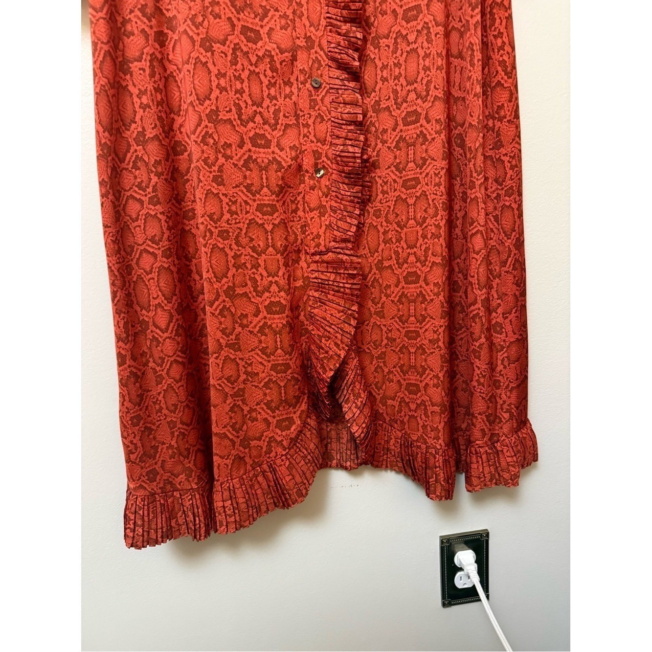 Mango Premium Red Snakeskin Print Ruffle Midi Dress Long Sleeve Size 2 XS