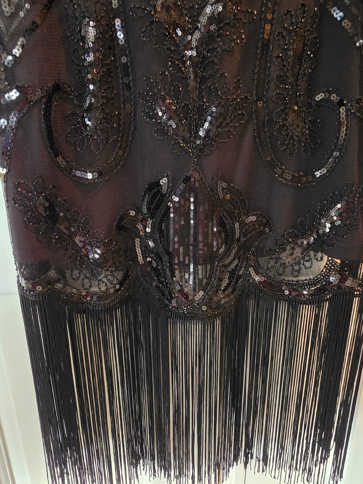 Unique Vintage L 10-12 Black Sequin Beaded Fringe Flapper Dress with Headband
