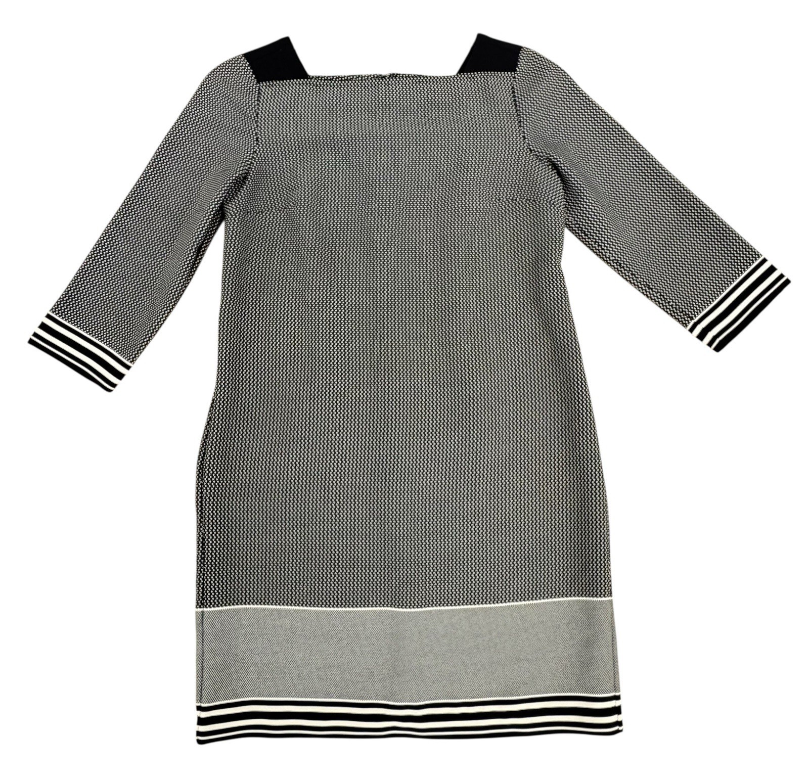 Ann Taylor Square Neck Dress Womens Black Tan Geometric 3/4 Sleeve Petite Size 2