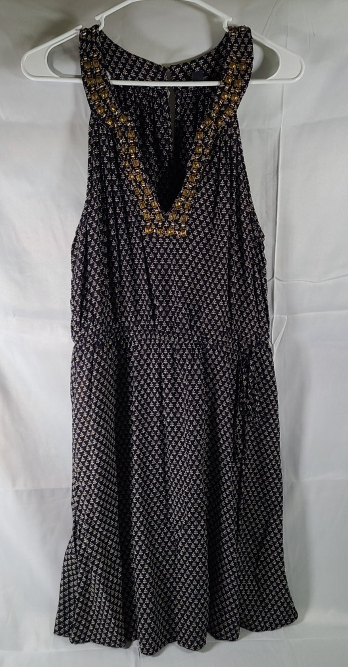Lucky Brand Women’s Medium BOHO Printed Beaded Studded V-Neck Midi Dress