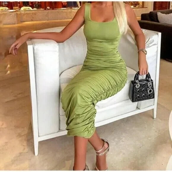 Women Green Square Neck Ruched Midi Tank Dress Sleeveless Soft Bodycon S M L