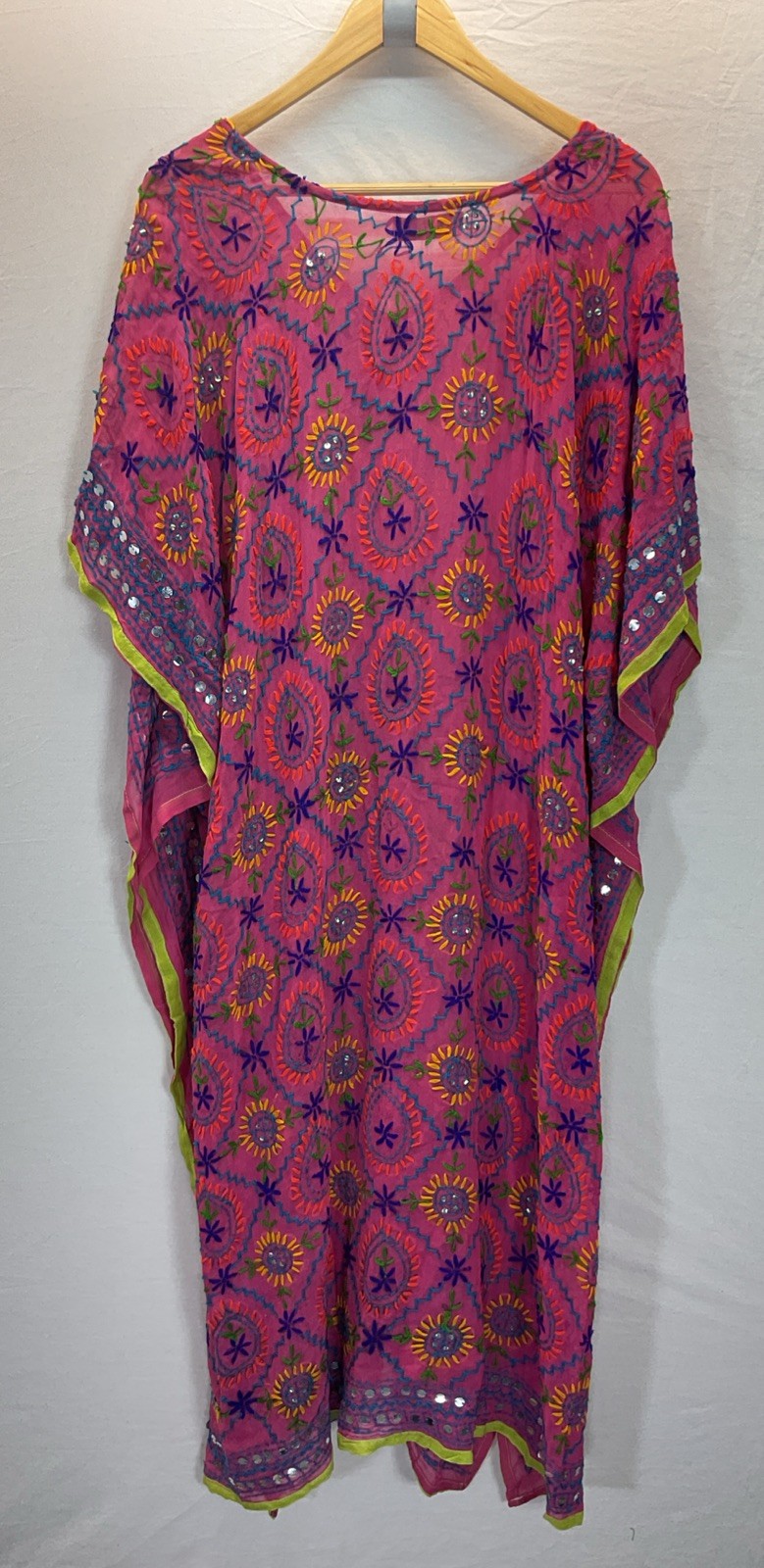 Pink Boho embroidered Studded Kaftan Beachy Vacation Cruise Glam flowy resort OS