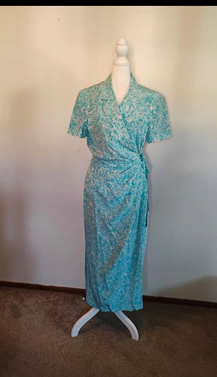 Talbots Silk Wrap Dress Blue White Paisley Midi Short Sleeve Tie Waist Sz 6
