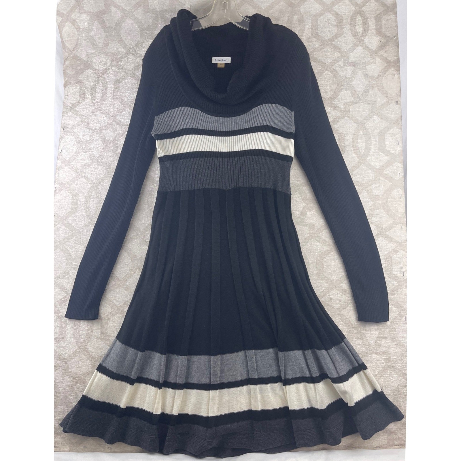 Calvin Klein Womens Black Grey Striped Cowl Neck Ribbed Sweater Dress Size M