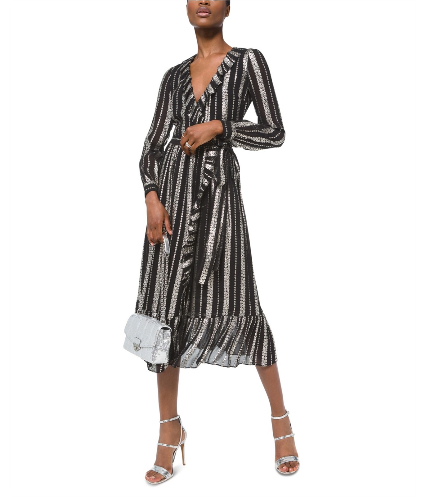 Michael Kors Womens Stamped Floral-Striped Wrap A-line Dress, Black, X-Large