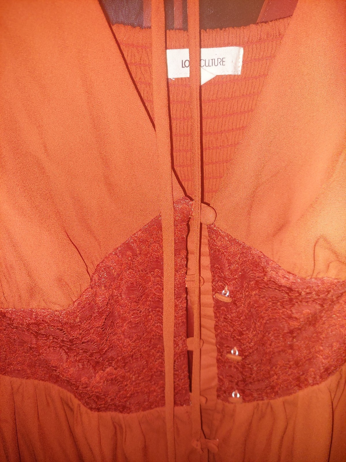 LOVECULTURE 2010s Orange Solid V-Neck Long Sleeve Polyester Lace Maxi Dress L