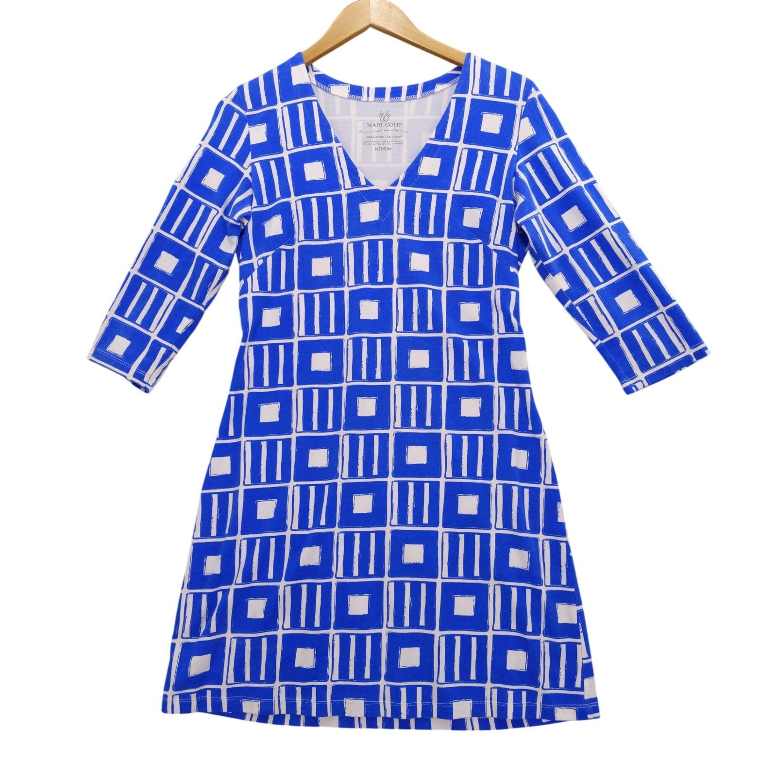 Mahi Gold Dress Women M Blue White Geometric Tile Print V-Neck 3/4 Sleeve USA