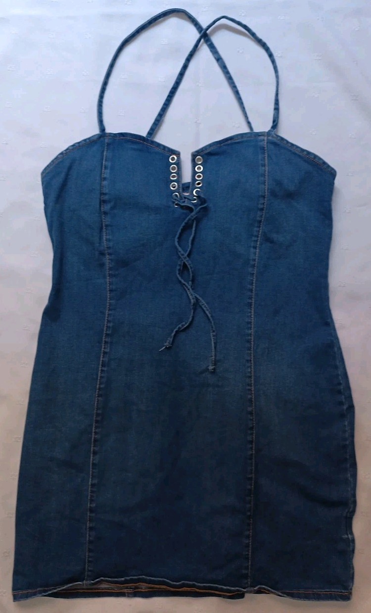 TRUE RELIGION Size XL Stretch Lace Up Denim Sleeveless Bodycon Mini Dress /12