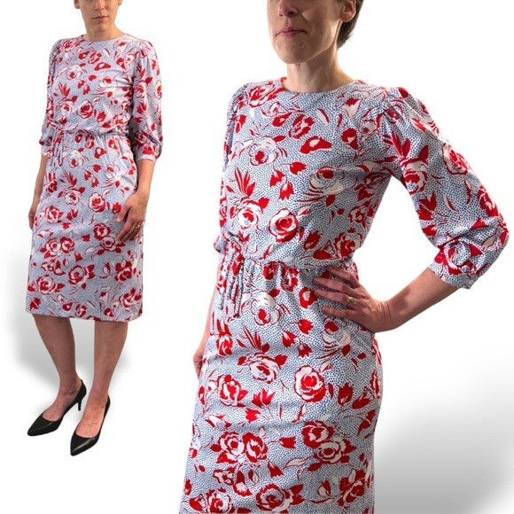 Pop Art Rose 70s 80s Vintage Polyester Dress Bedford Fair Red White Blue Mod M