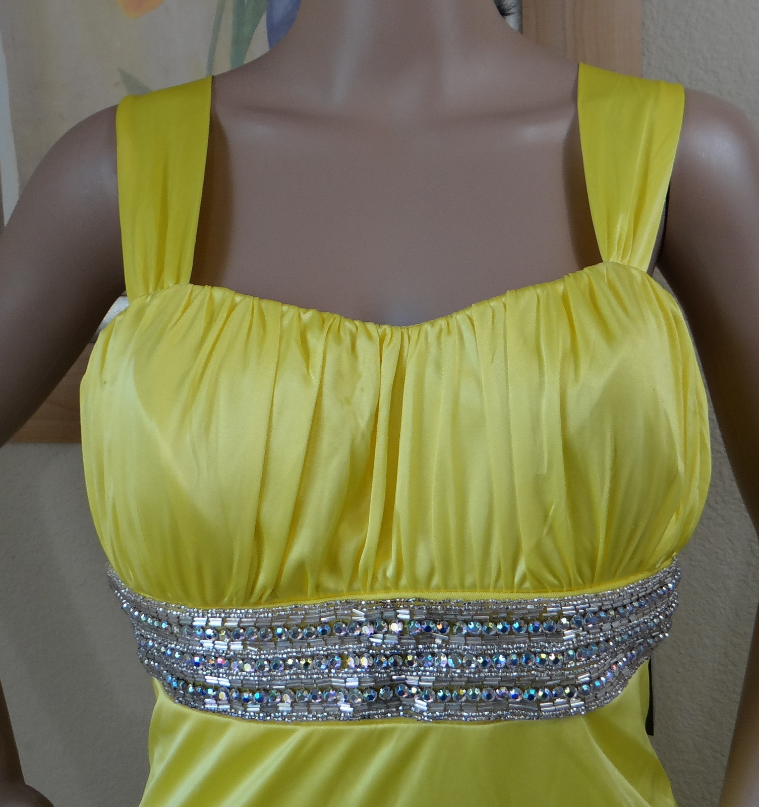 NEW W DEFECT MY MICHELLE wide strap yellow bead sweep train prom dress,jr 5,9