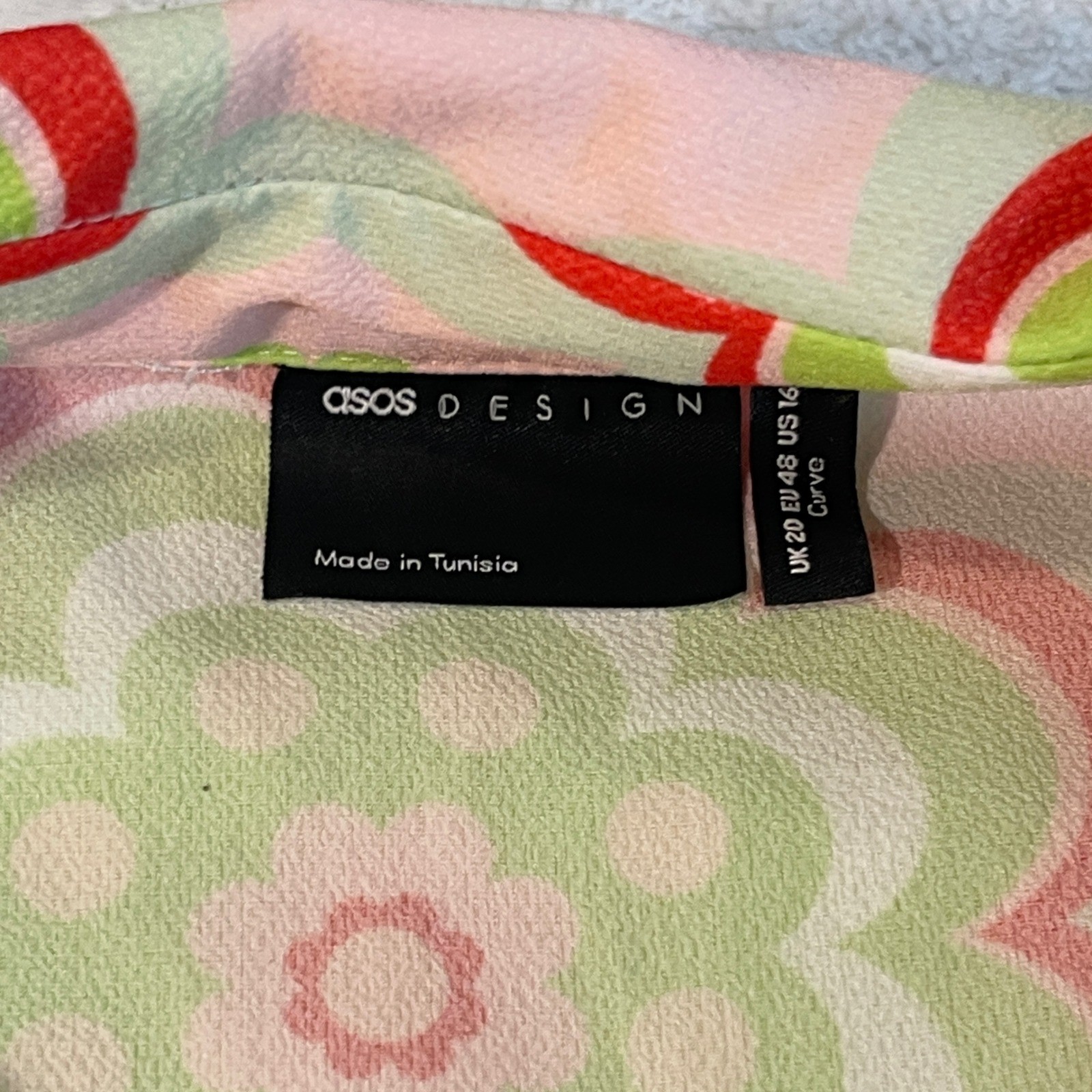 ASOS Design Curve Retro Floral Mini Shirt Dress Green Pink 70s Mod Flare Cuff 16