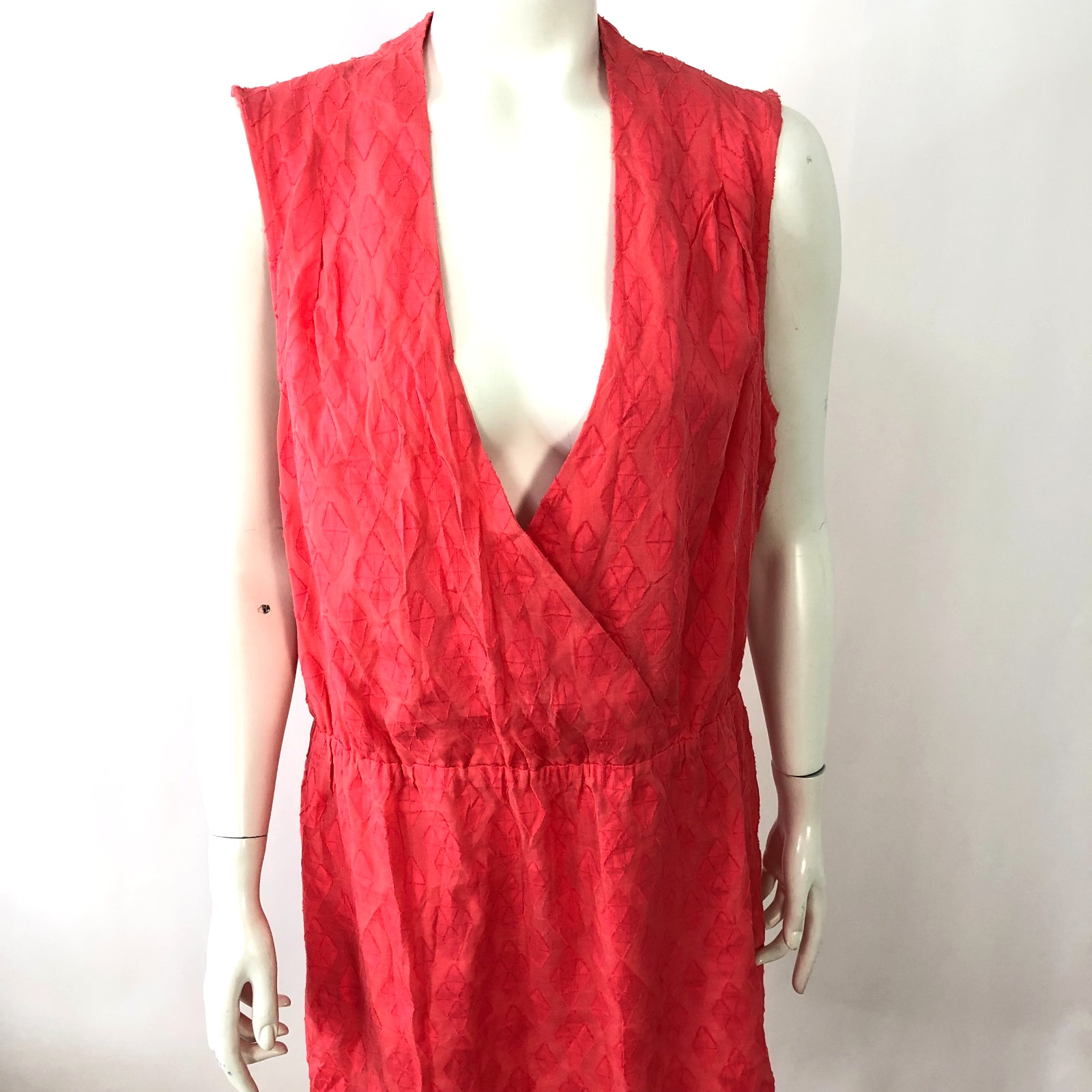 Tori Richard NO TAG LG Distressed Silk Cotton A-Line Wrap Knee Dress Orange Red
