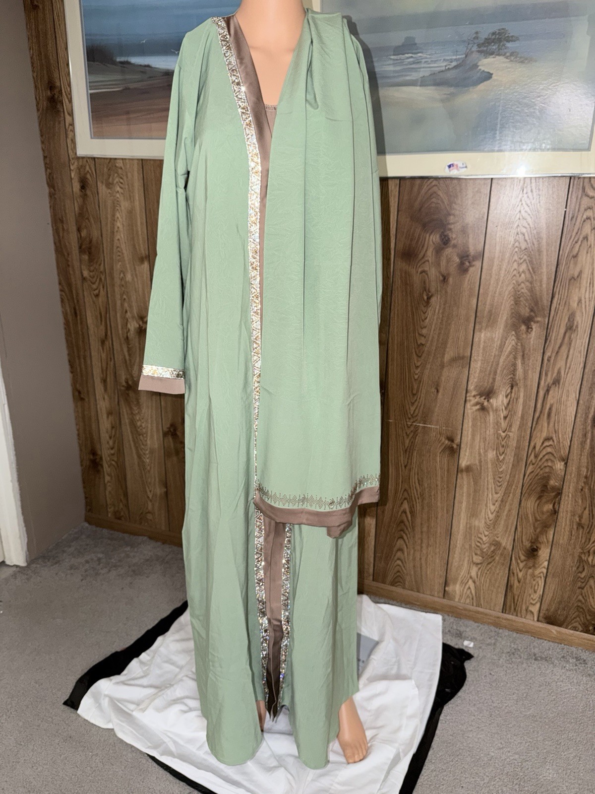 Elegant Sage Green Modest Dress / Abaya 2-Piece Set – Rhinestone Trim – New
