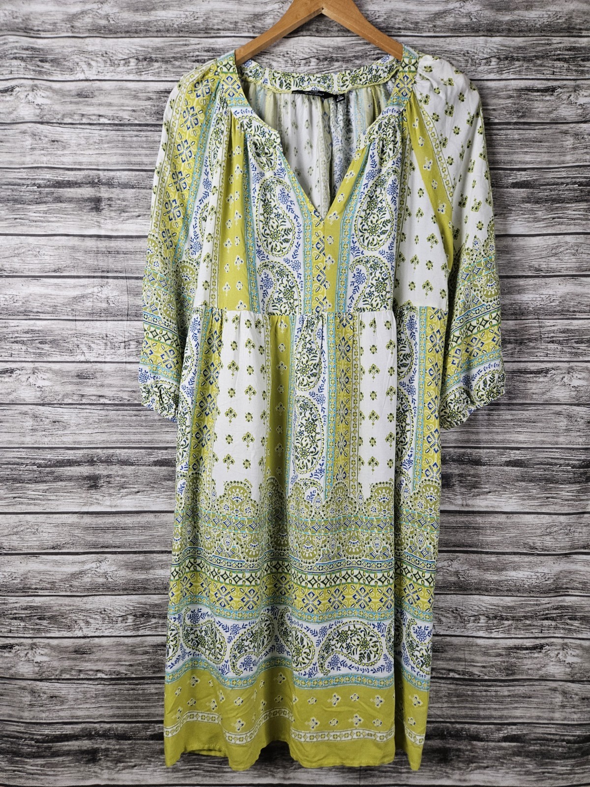 Mlle Gabrielle Women’s XL Mix Patterns Floal Paisley Midi Dress Boho Whimsy