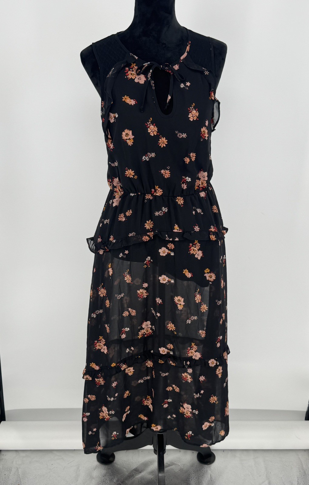 Xhilaration Size M Black Peach Floral Maxi Sleeveless Lined Dress High Low