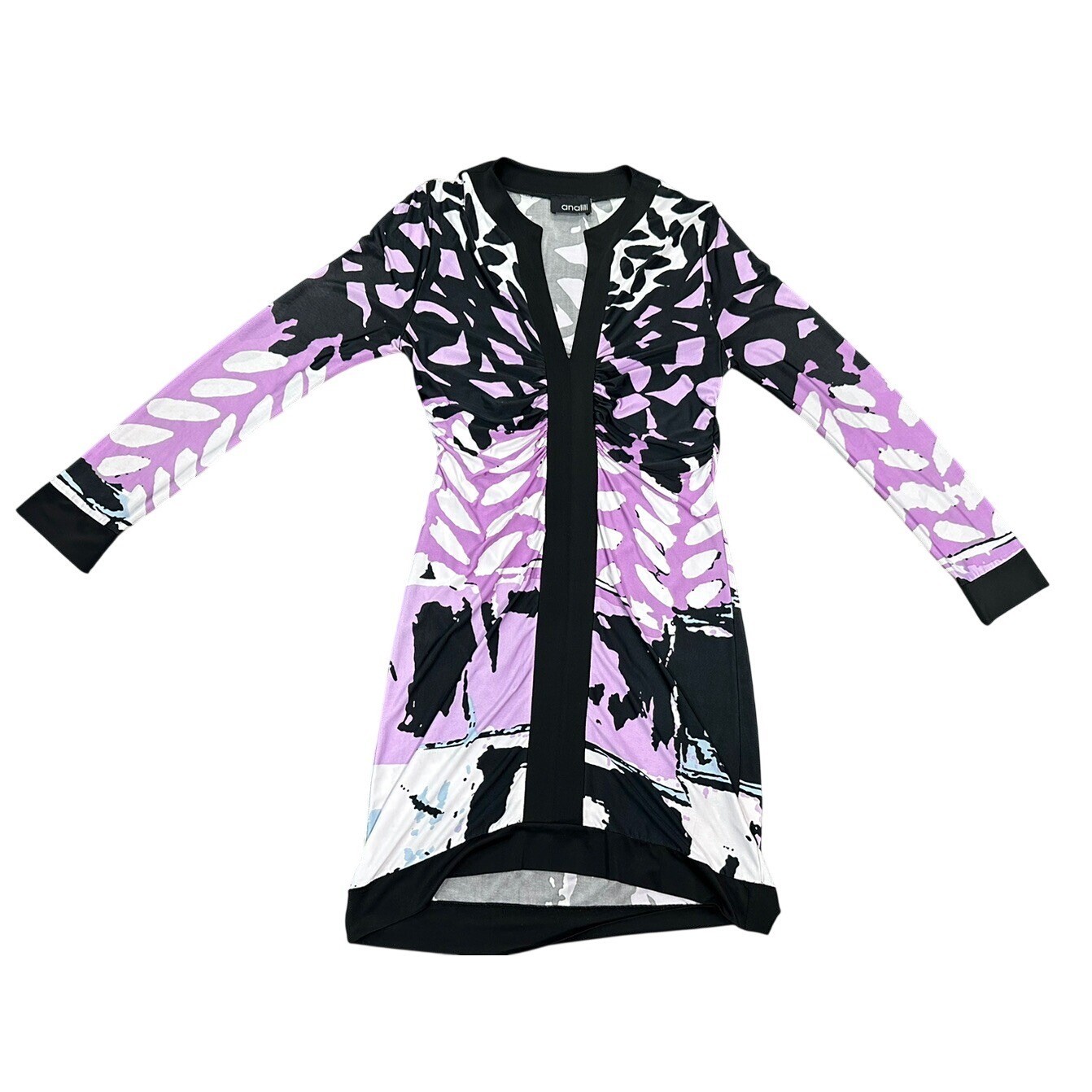 Analili Butterfly Print V-Neck Ruched Long Sleeve Dress Artistic Unique S/M