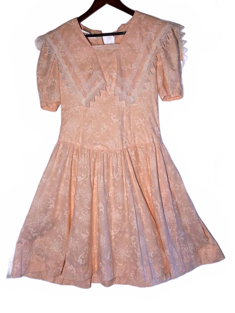 Vintage Gunne Sax by Jessica McClintock Peach Brocade Lace Collar Dress Size 9