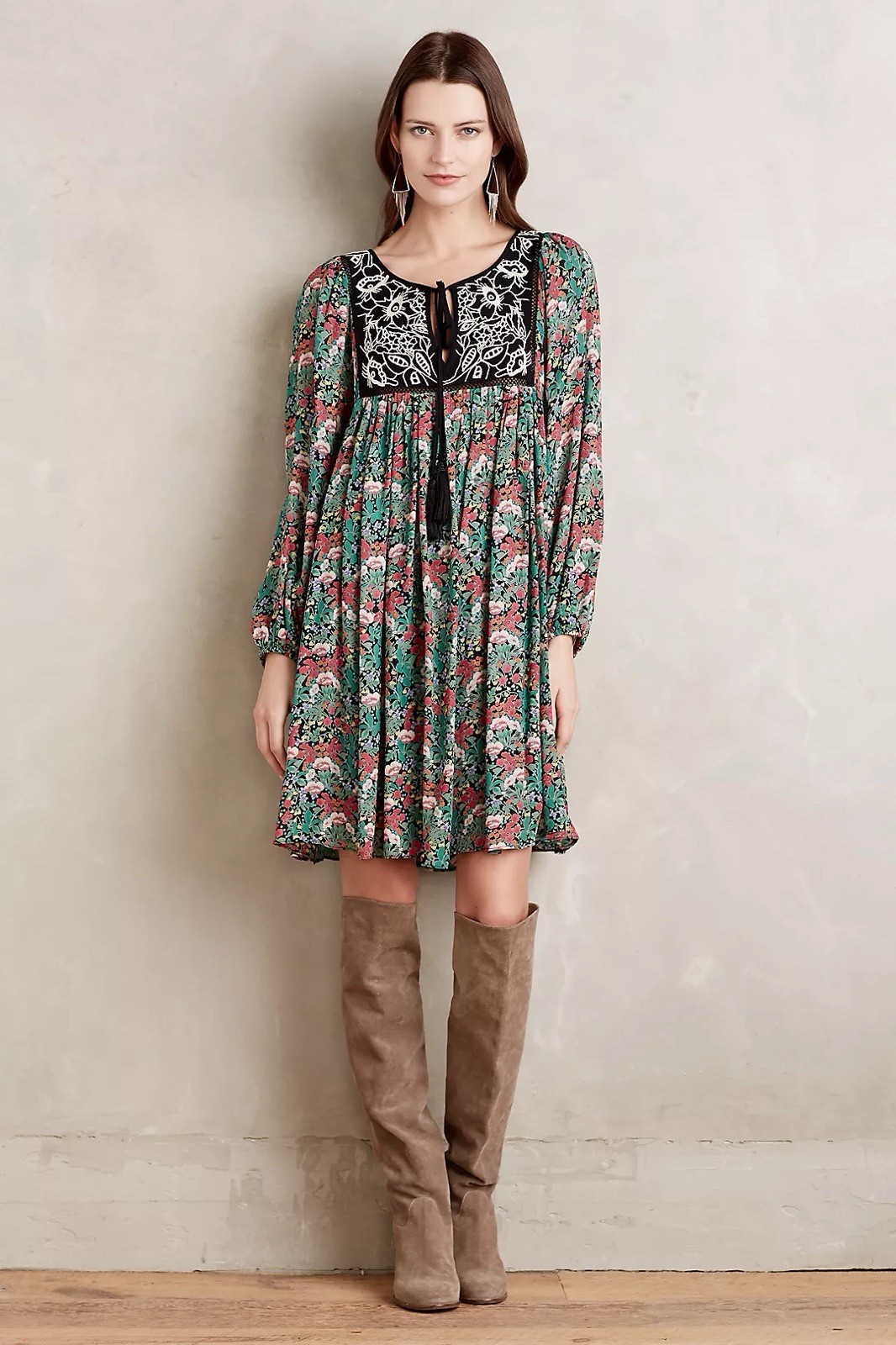 Anthropologie Floreat Ottava Peasant Dress Boho Babydoll Dark Floral SMALL