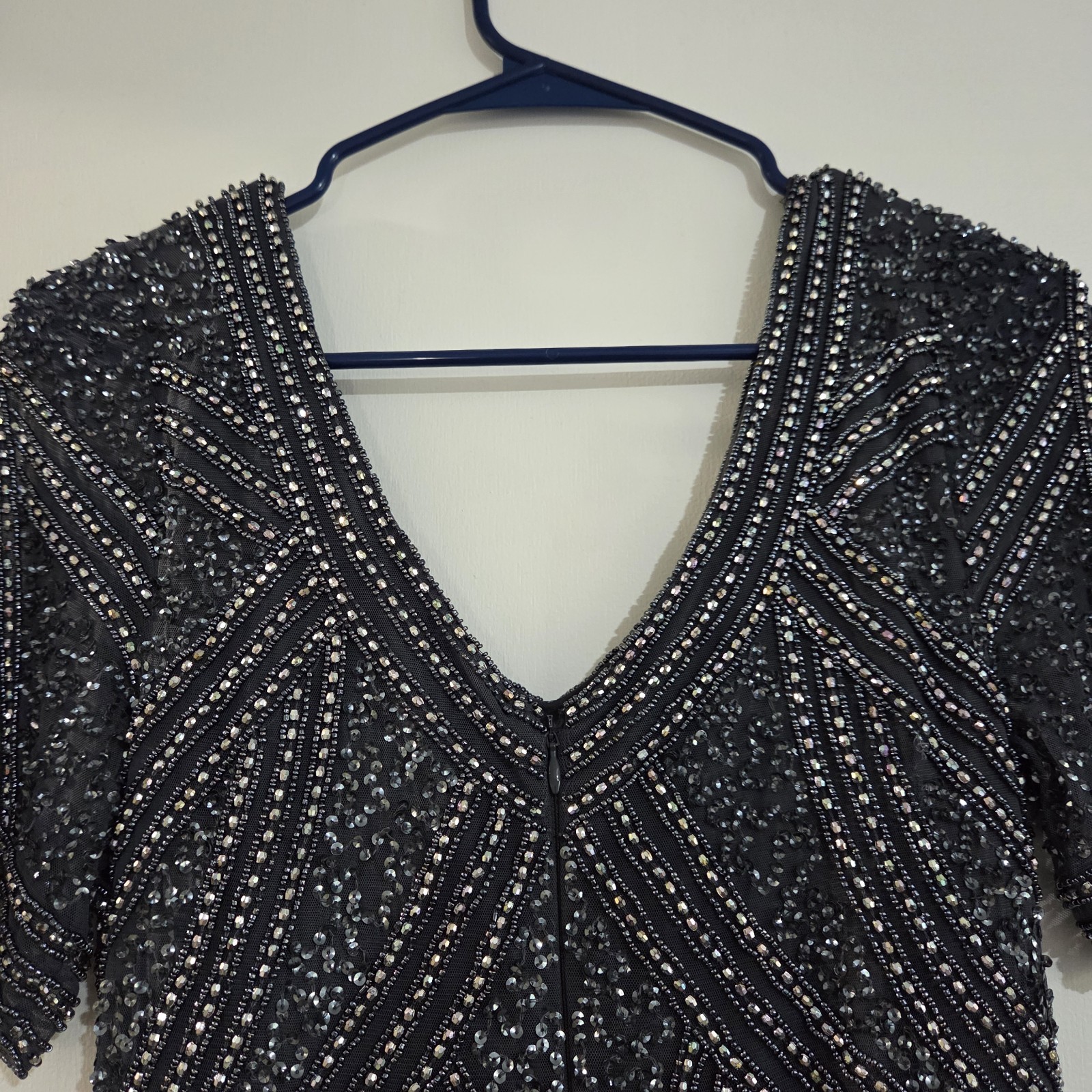 Pisarro Nights Size 8 Beaded Short Sleeve Midi Dress Slate Blue NWOT
