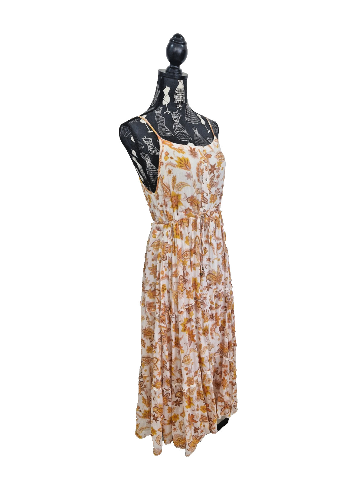 Ghanda Cotton Midi Dress Womens S White Orange Floral Button Tie Waist