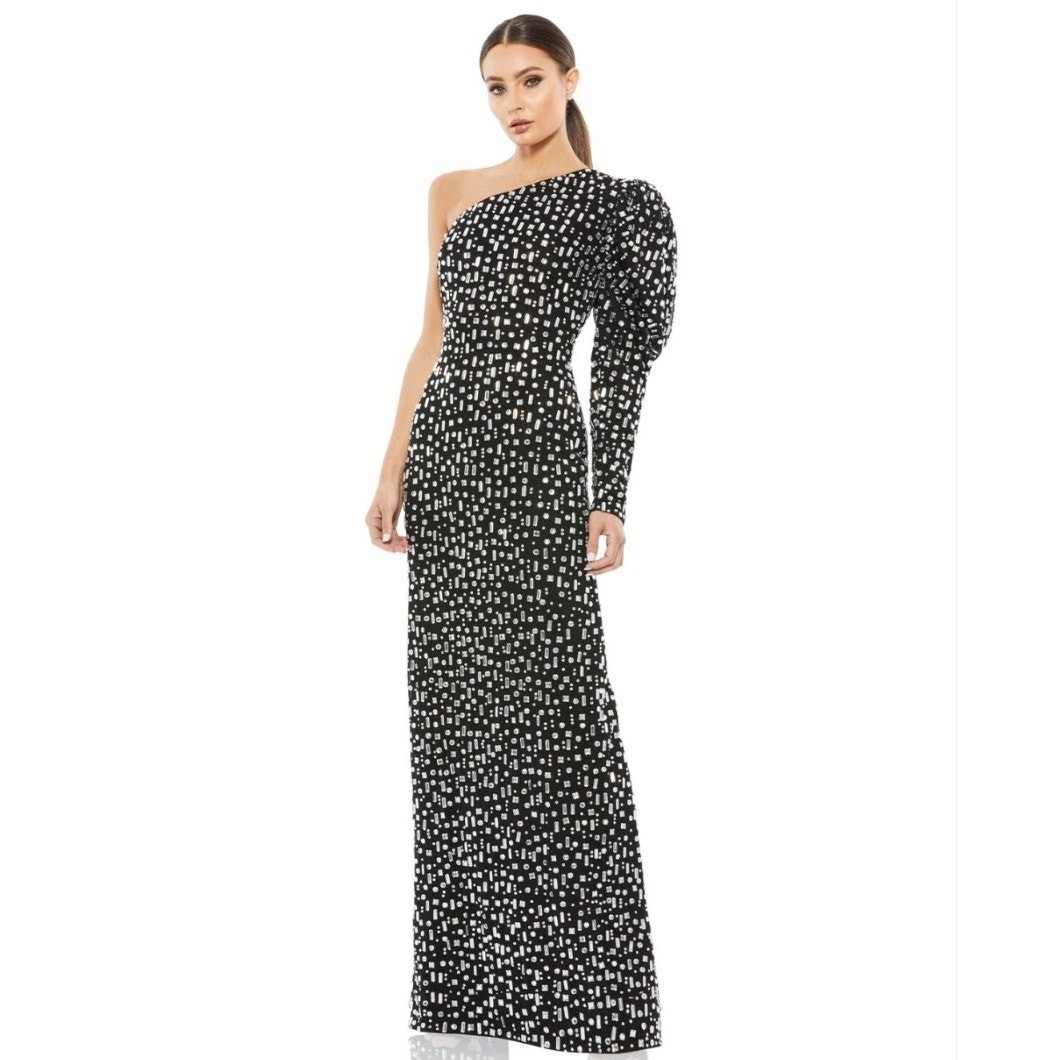 Mac Duggal One Shoulder Black Silver Crystal Puff Sleeve Back Slit Gown 8 NWT