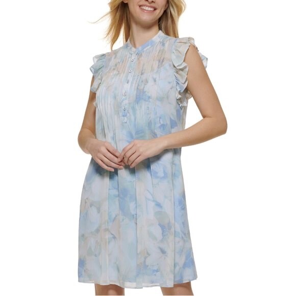 Calvin Klein Size 16 Flutter Cap Sleeve A Line Midi Lined Dress Floral V Neck