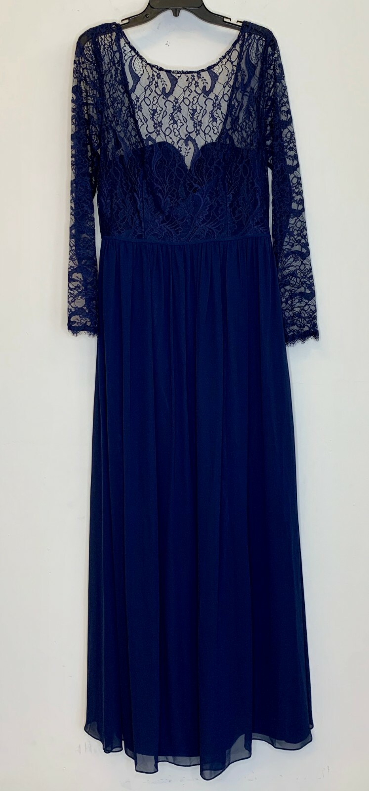 HAYLEY PAIGE Navy Sheer Lace Yoke Long Sleeve Chiffon Maxi Gown 14 US Bridesmaid