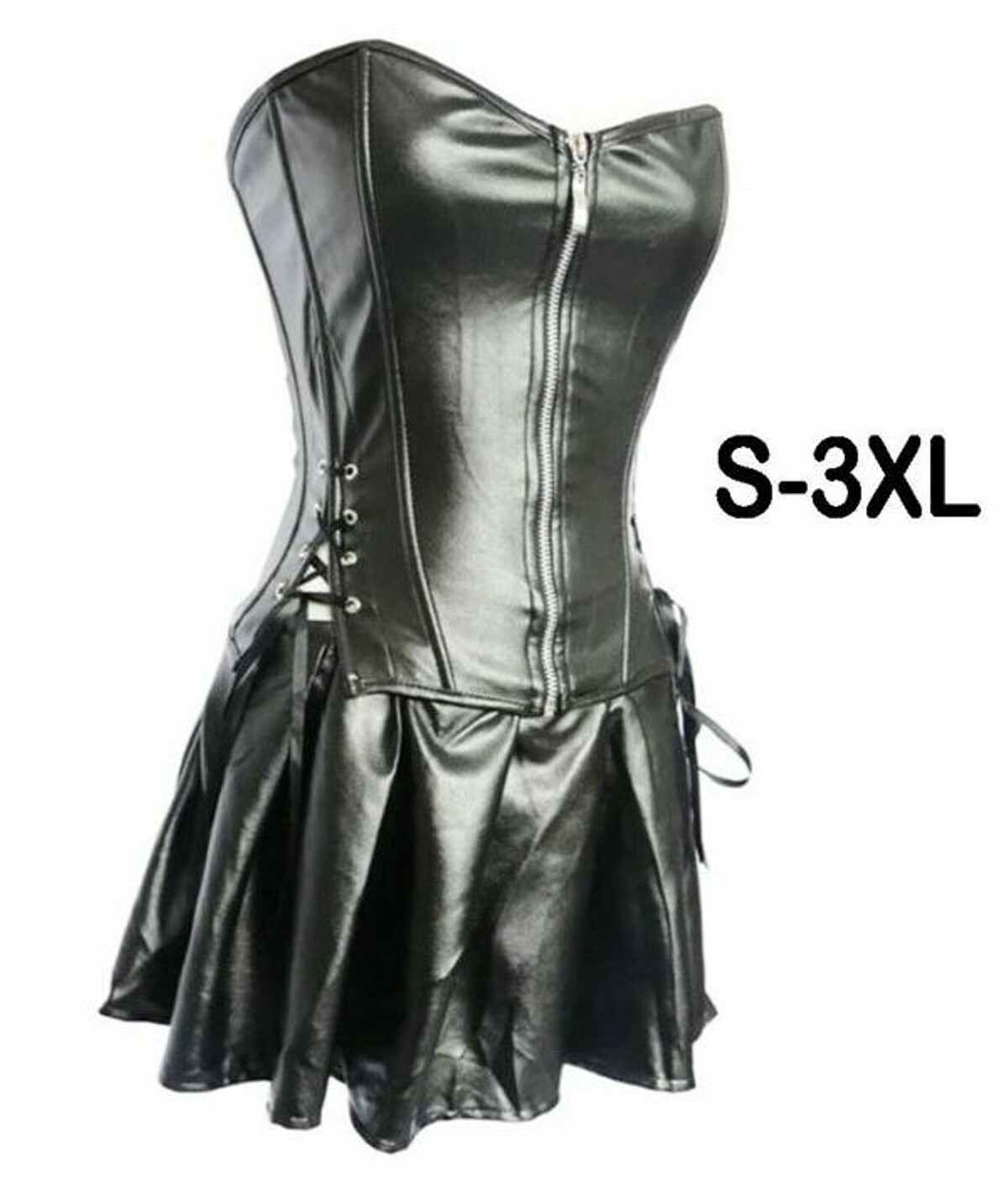 Women Gothic Faux Leather Dominatrix Lingerie Black Femdom Corset & Skirt Dress