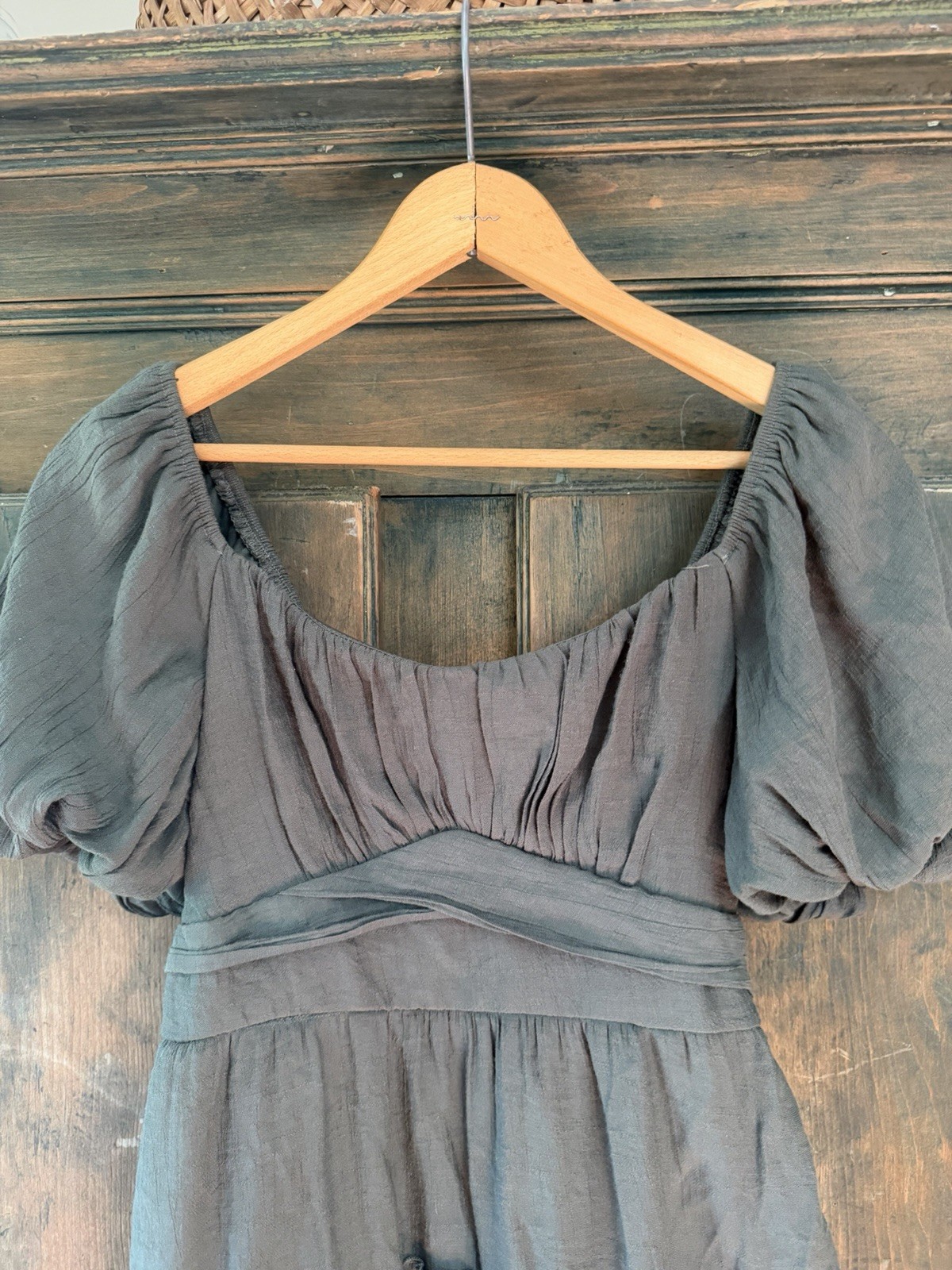 mi ami for francesca’s Green Solid Square Neck Puff Sleeve Midi M l