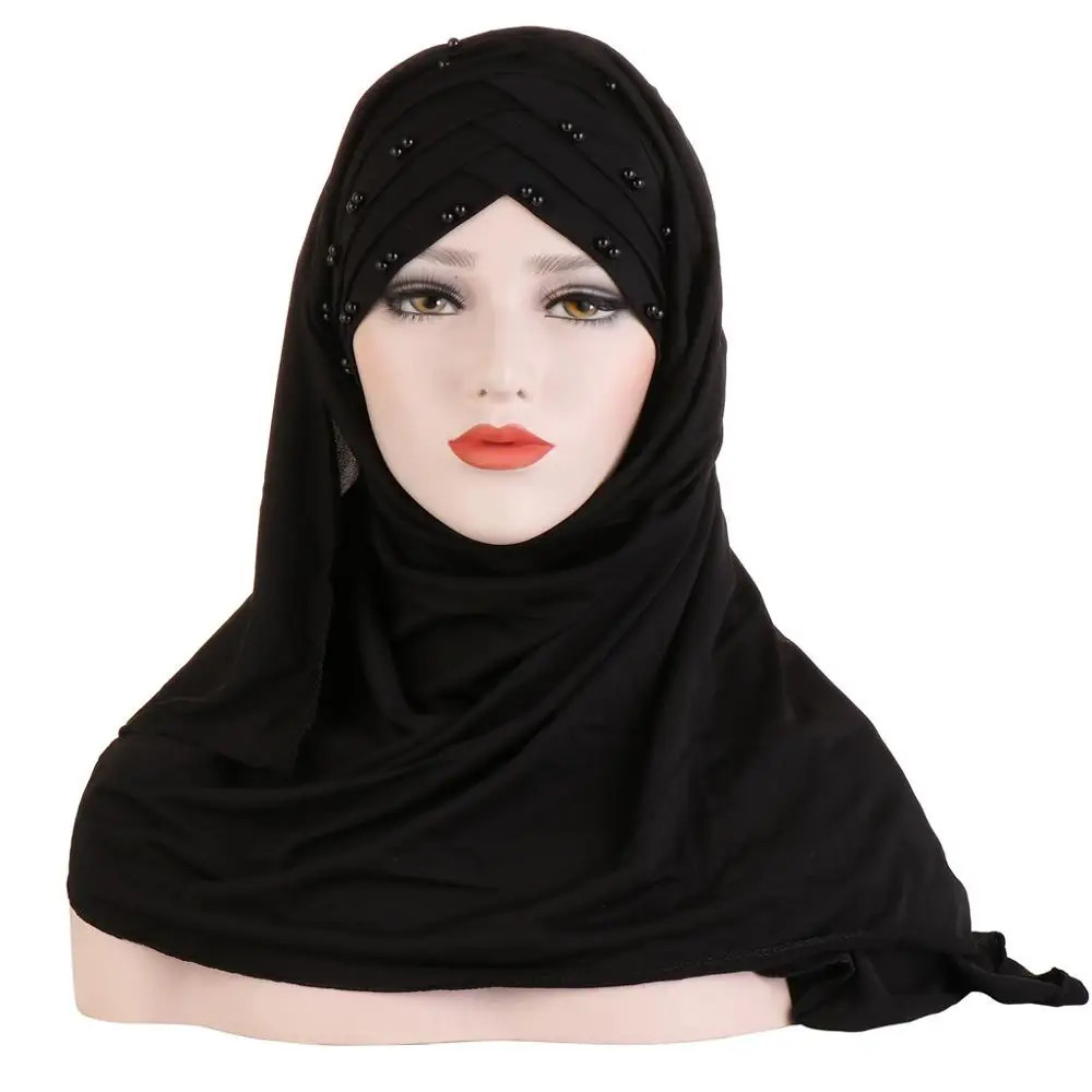 2019 Muslim Cotton Scarf Plain Hijabs With Bead Shawls And Wraps Femme Musulman
