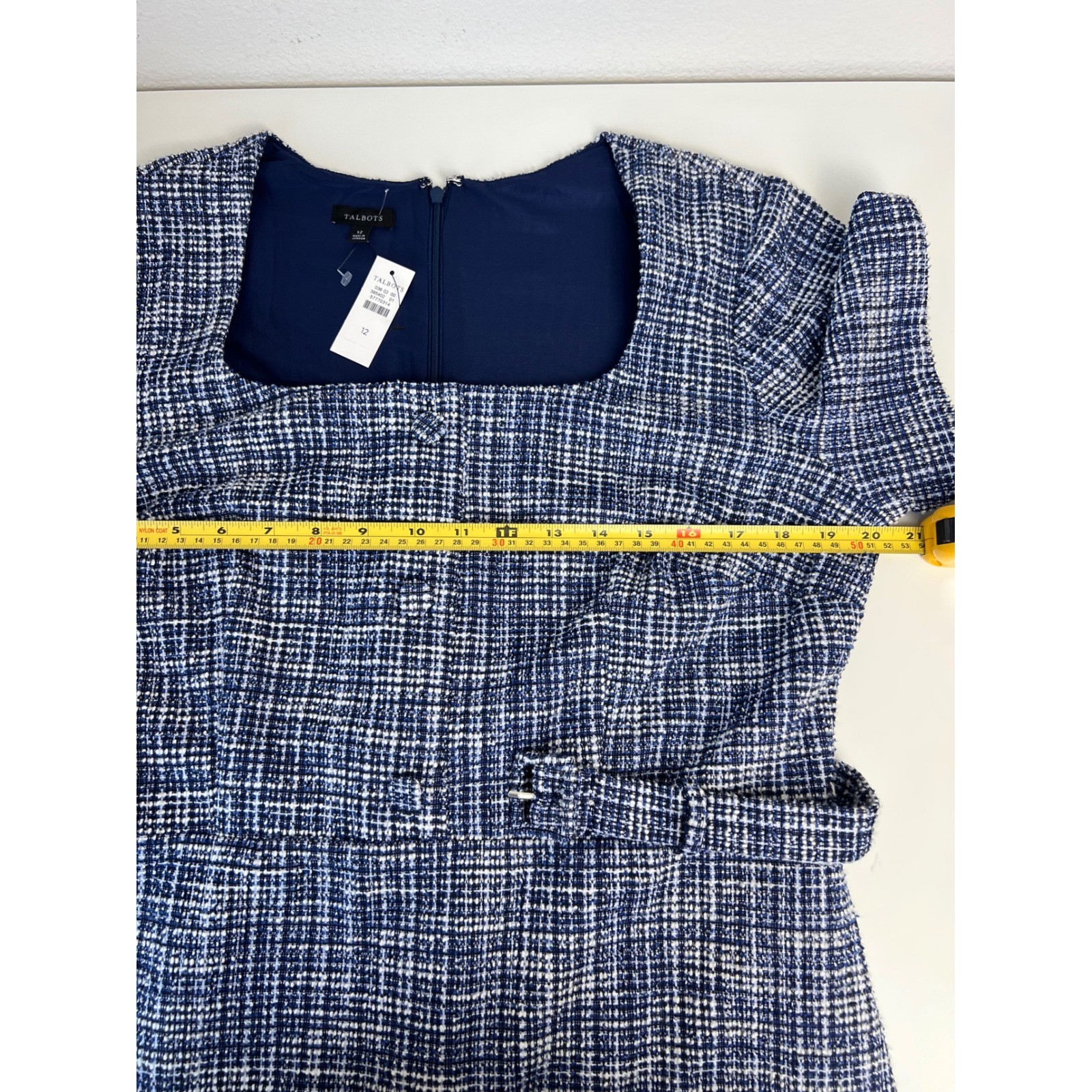 Talbots Tweed Dress Womens 12 Blue White Boucle Belted Sheath Academia Career