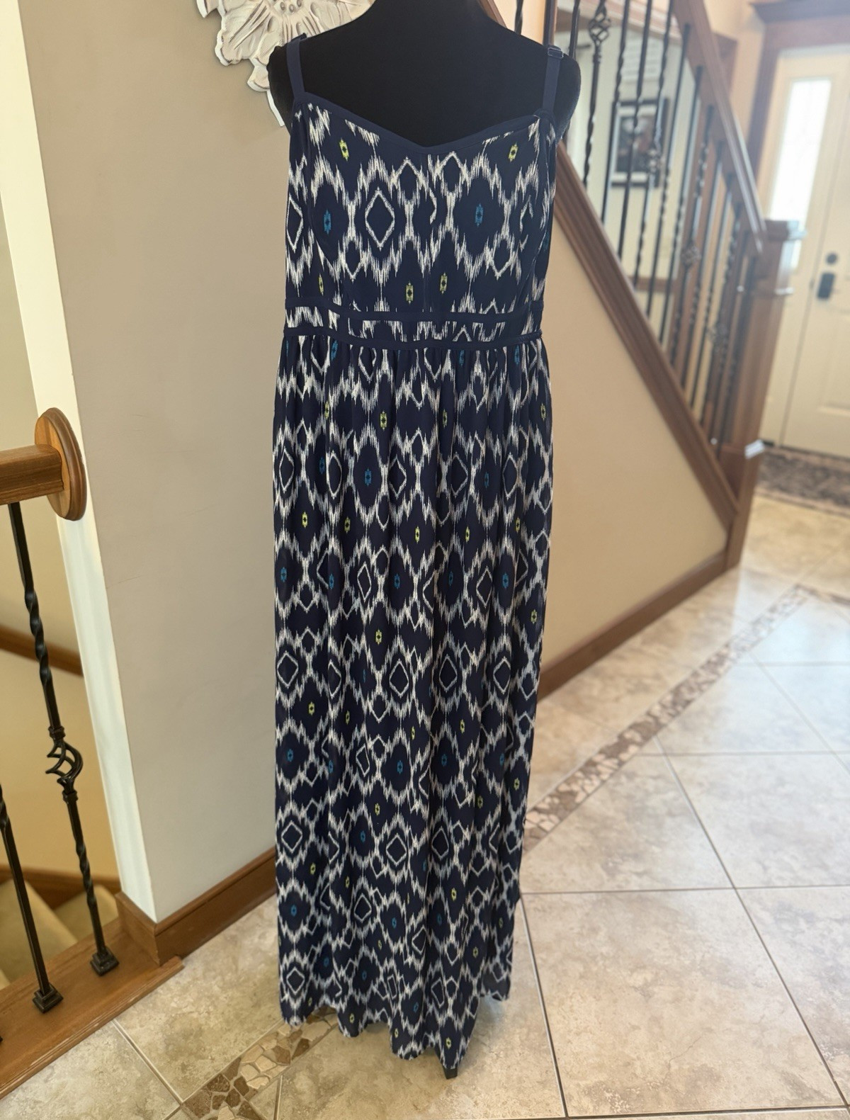 Torrid Dress Blue White Geometric Maxi Scoop Neck Sleeveless Smocked 1 Plus