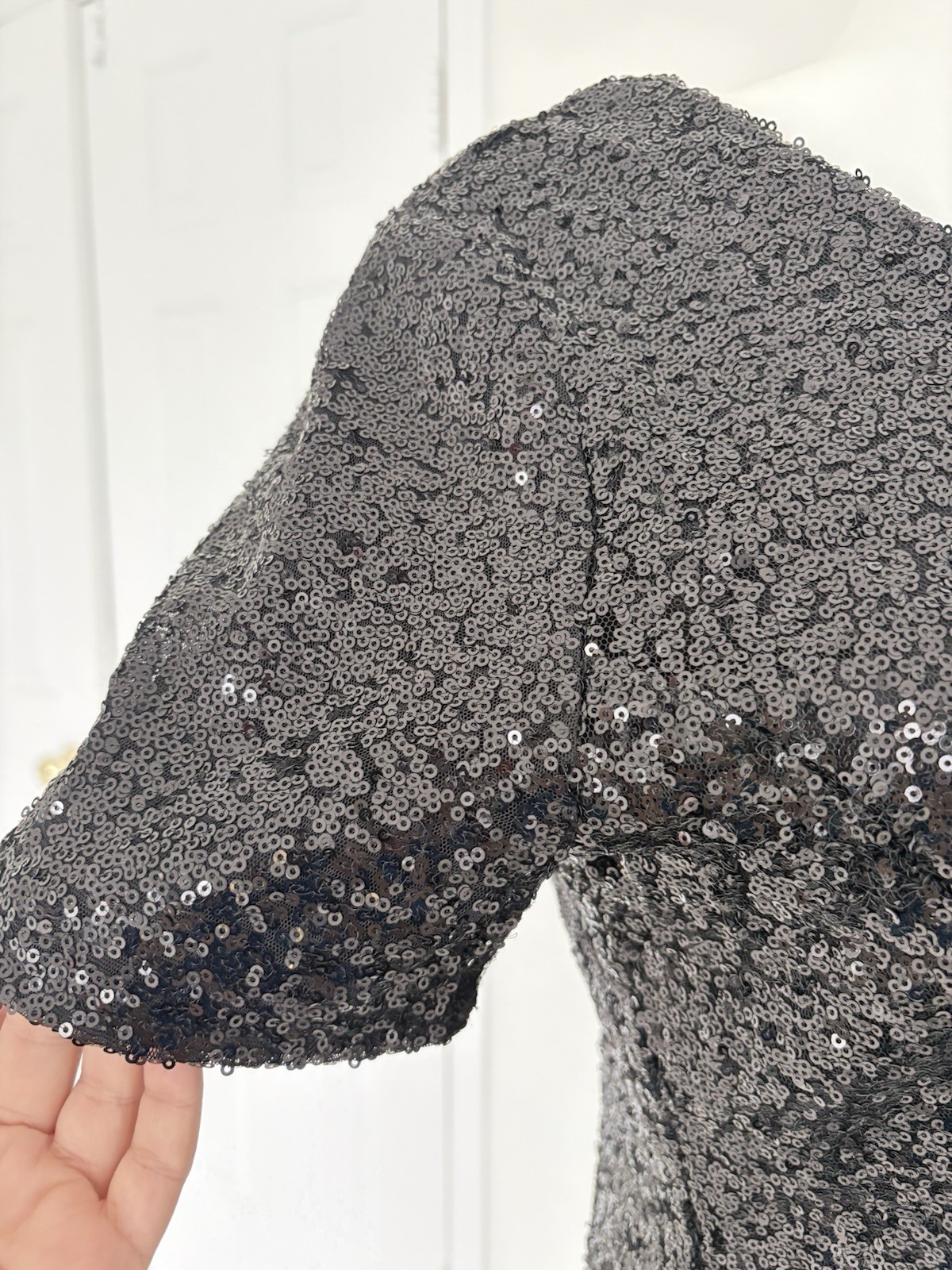 Pep&Co Black Sequin Solid Mini Dress V-Neck Short Sleeve Lined Zip Women 10