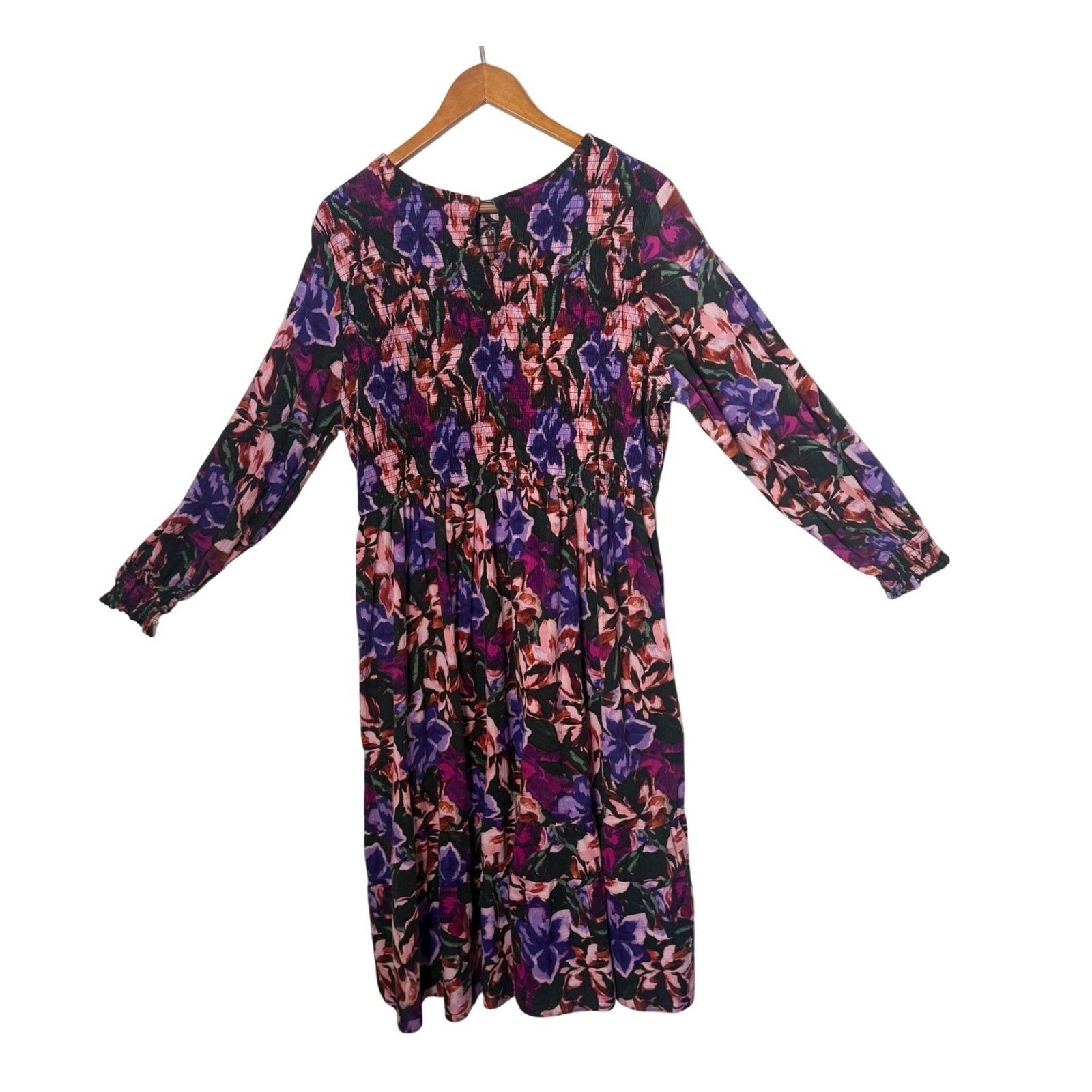 Plus Size Smocked Tiered Dark Floral Midi Dress Womens 20W 22W Cottagecore