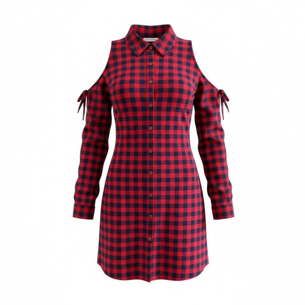 Sky and Sparrow Red Plaid Dress Collared Button Down Long Sleeve Cold Shoulder S
