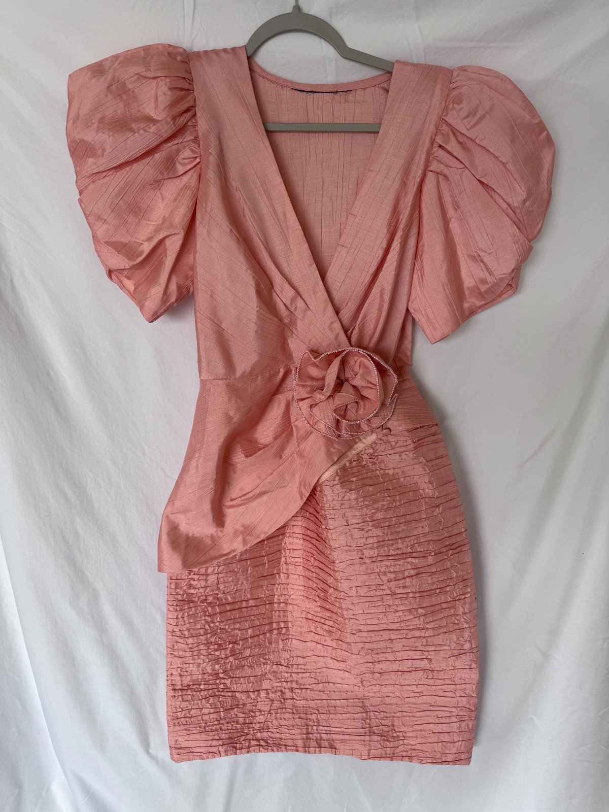 Vtg 1980’s Unbranded Pink Puff Sleeve Mini Dress Sz S/M Pink Tafetta Womens