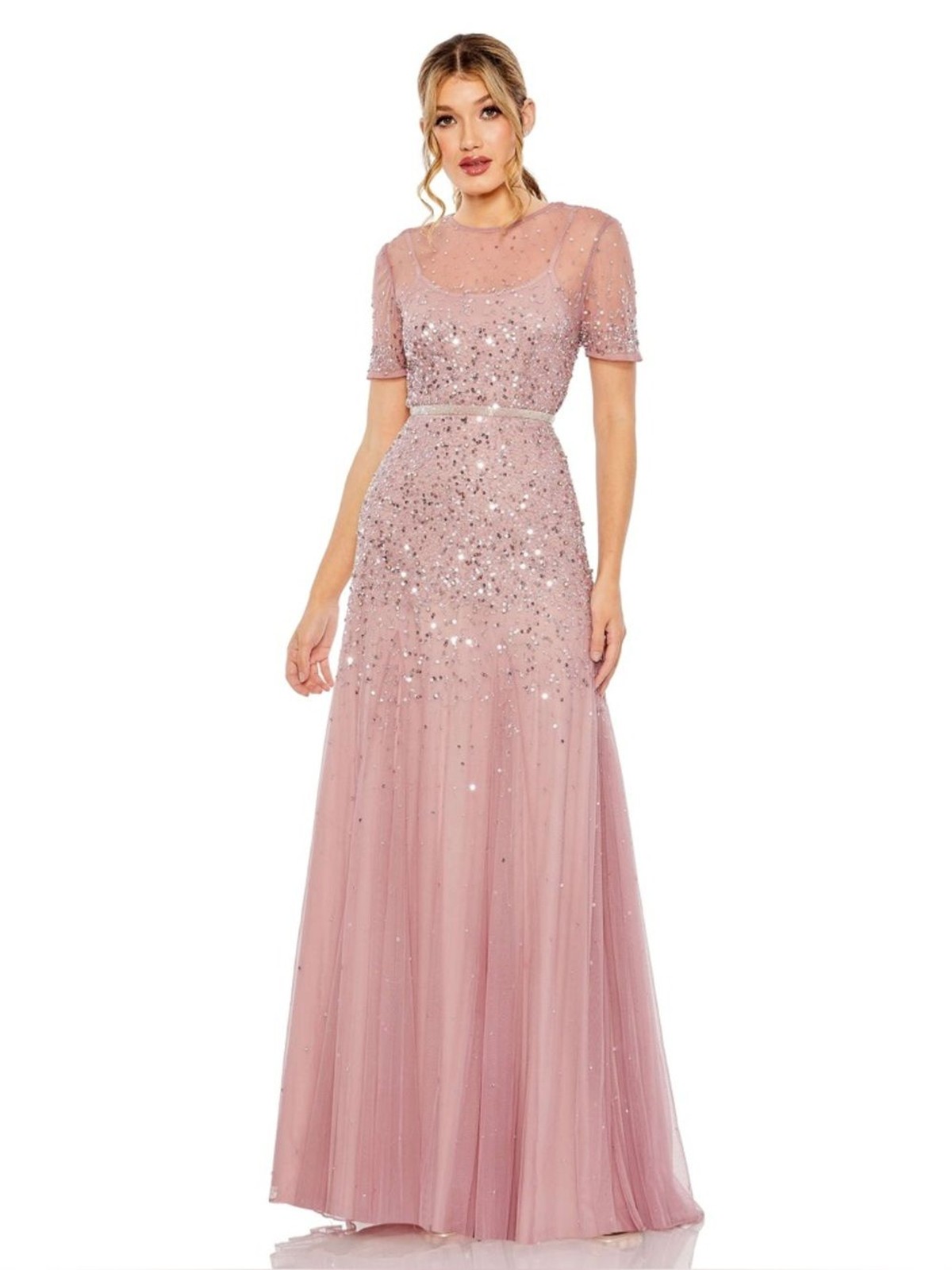 NEW MAC DUGGAL High Neck Short Sleeve Sequin Embellished Gown Sz: 18 #93909 $750
