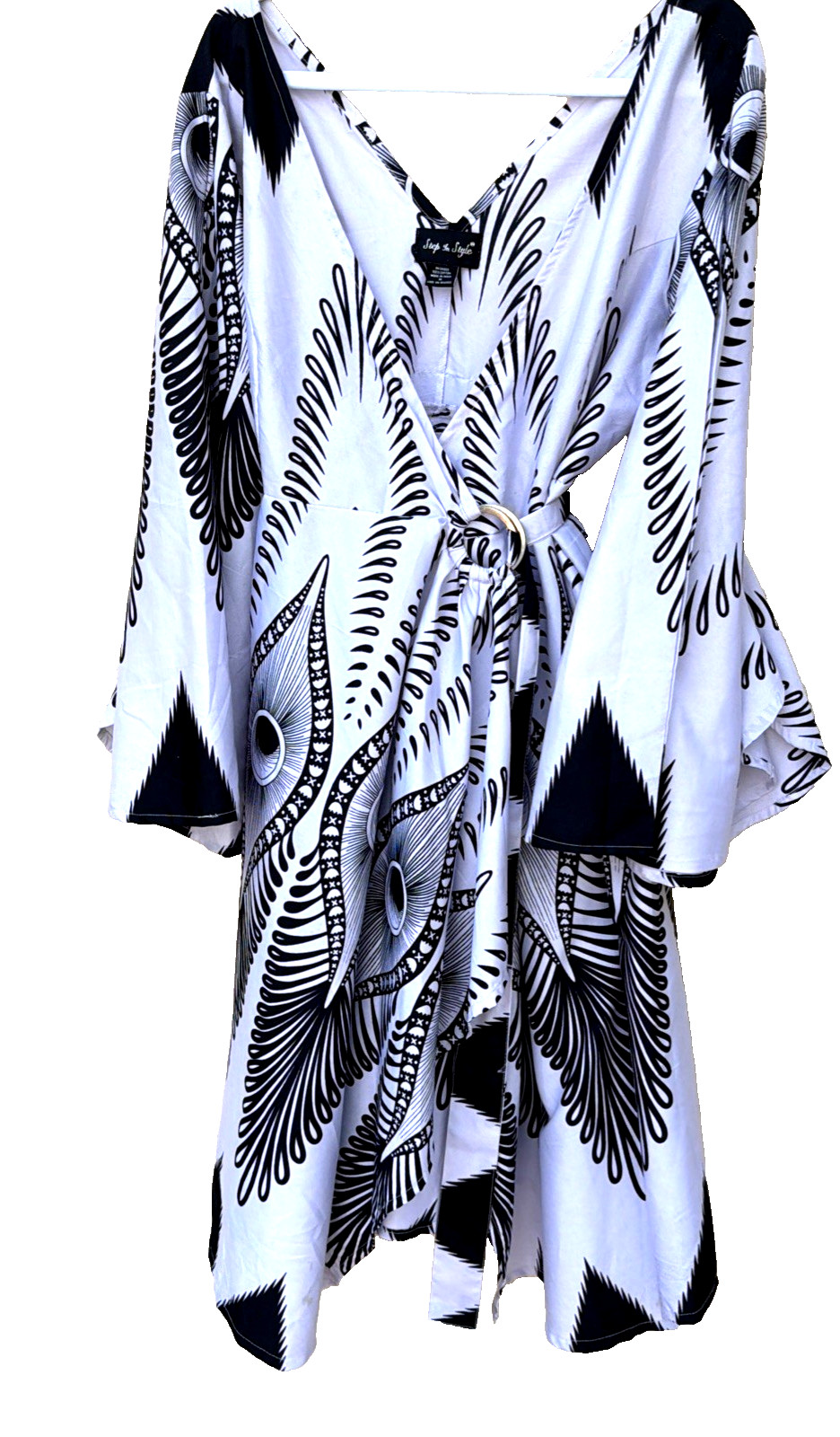 Step In Style Black & White Abstract Peacock Wrap Dress M NEW