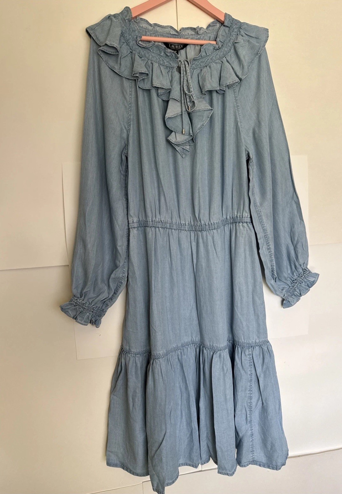 Lauren Ralph Lauren Chambray Dress Ruffle Neckline Tiered Skirt Size10 NWT
