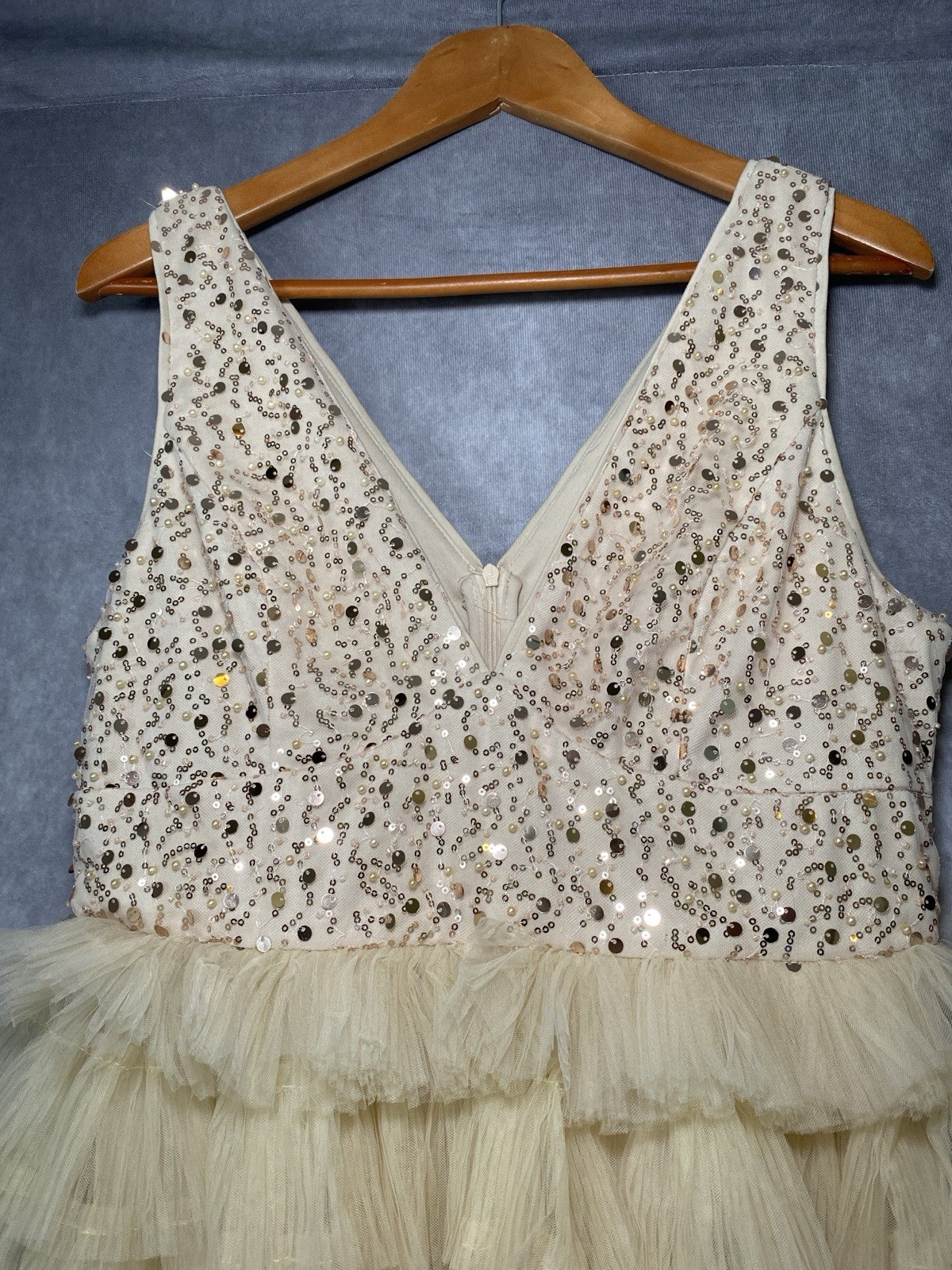 Glam Faeriesty Whimsical Prom Dress Size XL Ruffle Sequin Tulle Cream