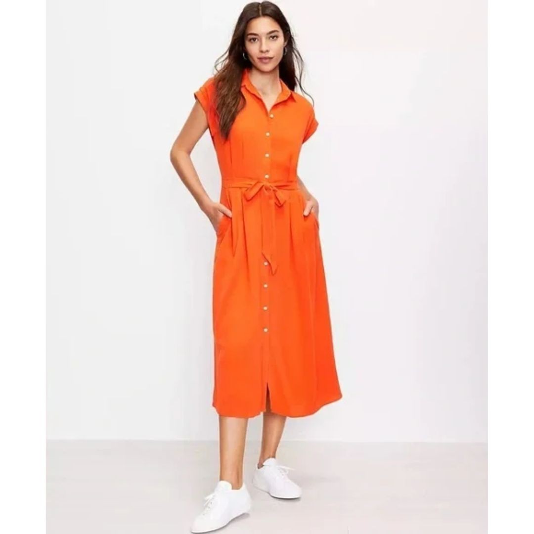 Loft Petites Orange Belted Shirt Dress Size 0P Rayon Linen Button Midi New