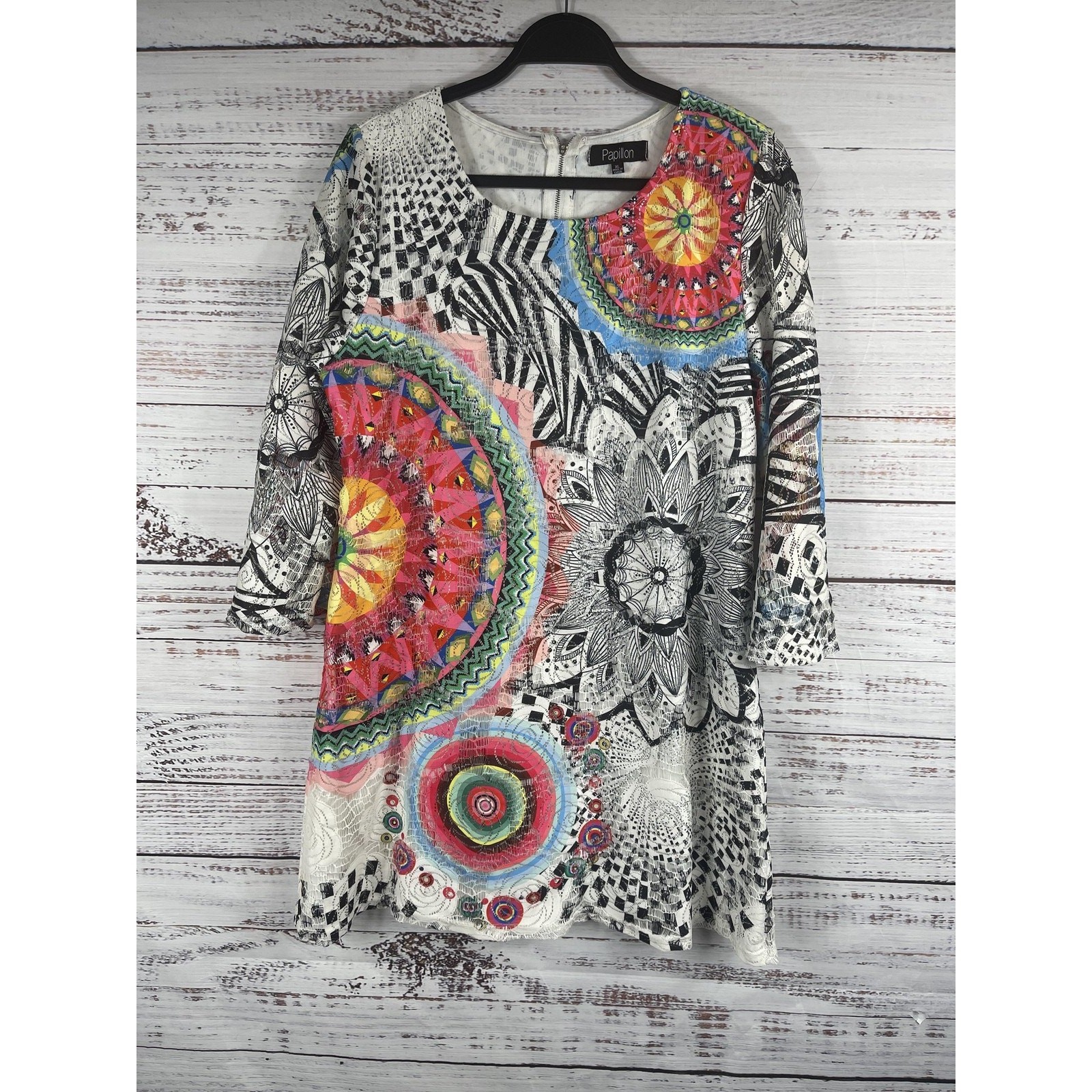 Papillon Dress Womens XL Multicolor Boho Tunic 3/4 Sleeve Back Zip Mandala Print