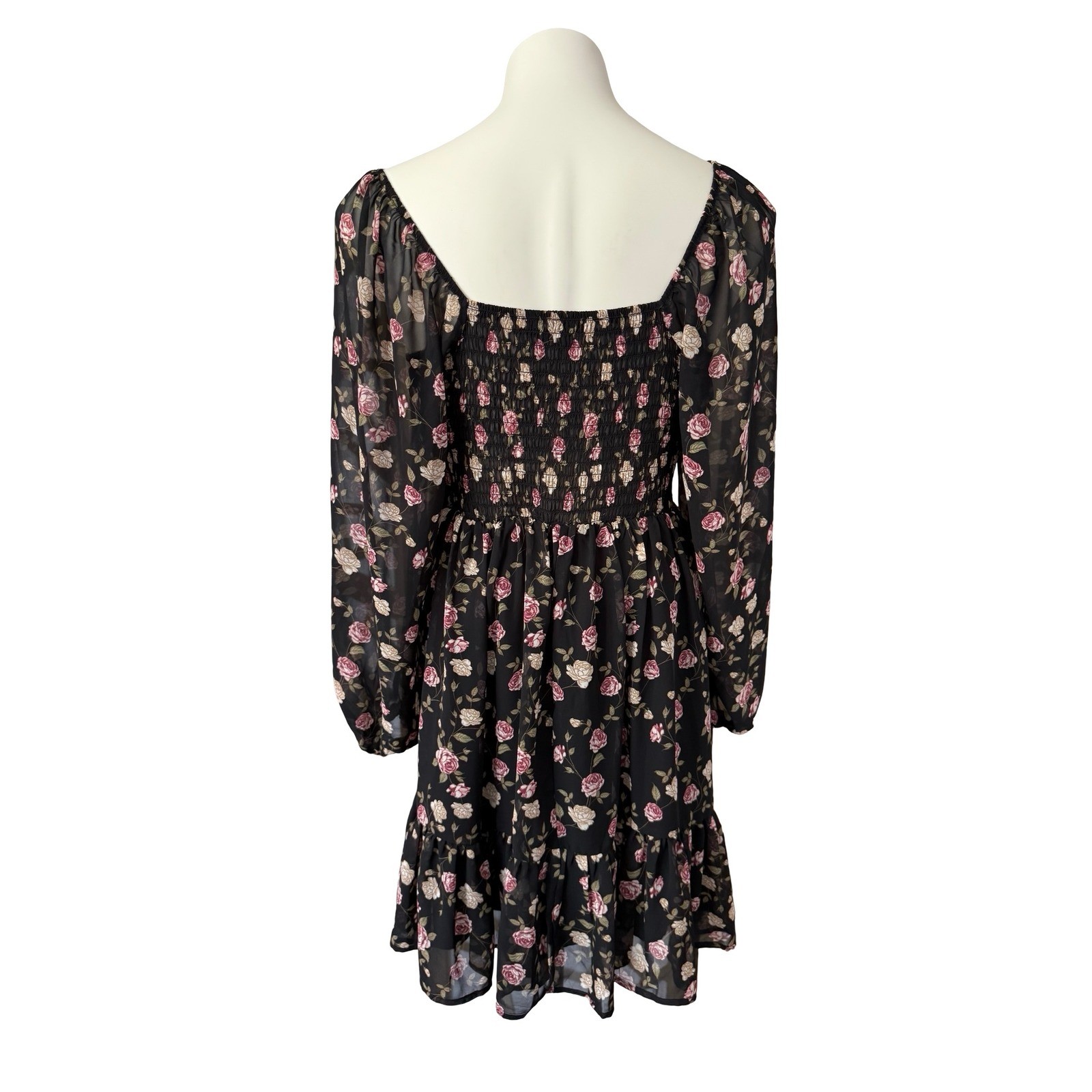 Celebrity Pink Black Floral Chiffon Mini Dress Long Sleeve Smocked Back Size M