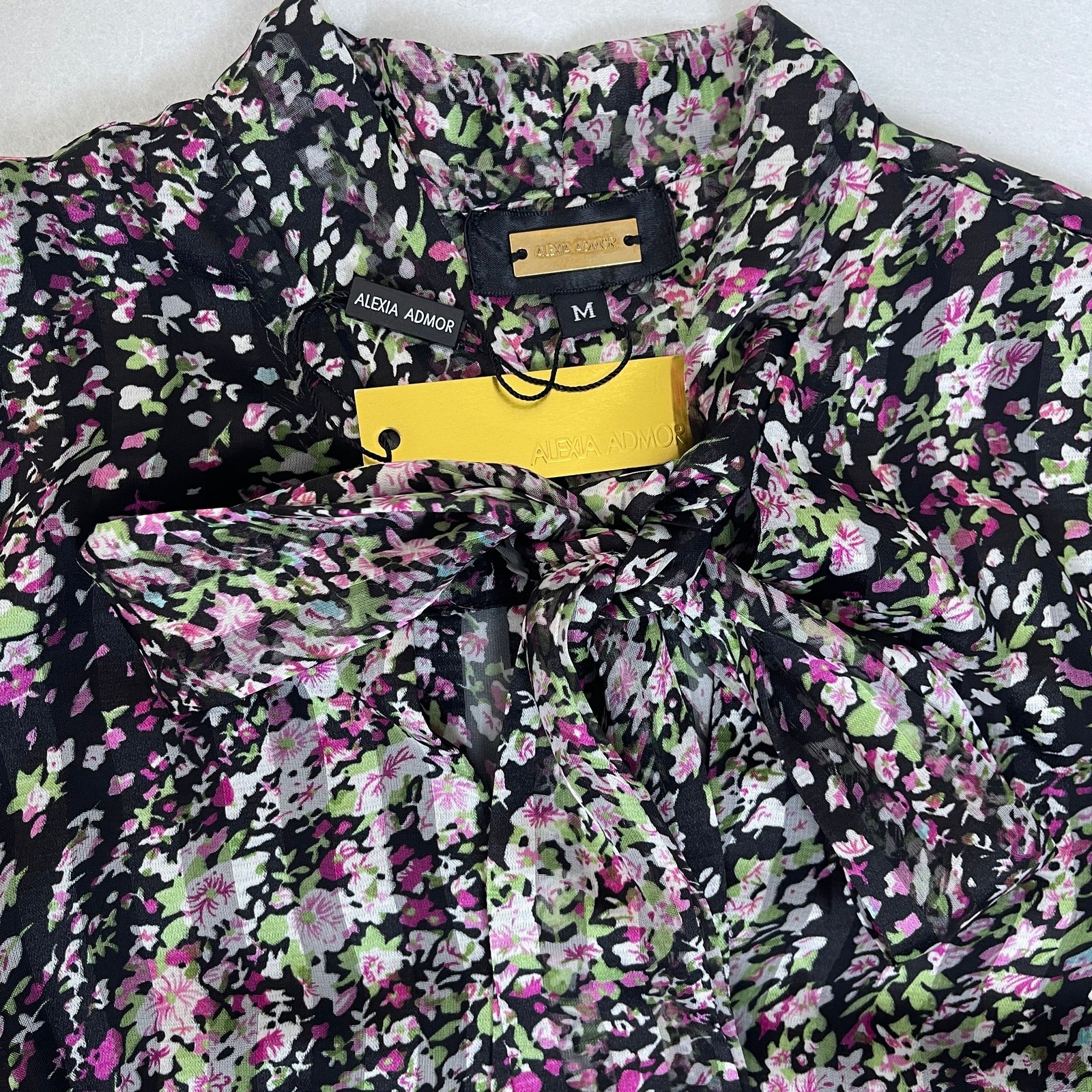 Alexia Admor Floral Chiffon Mini Dress Lace Hem Tie Neck Long Sleeve NWT Size M