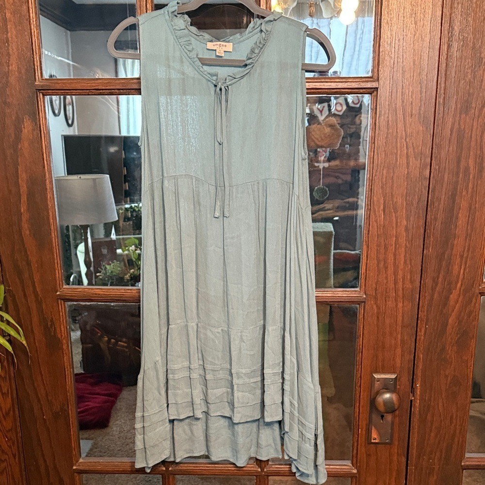 Umgee Womens Sage Green Tiered Ruffle Tie Neck Sleeveless Tunic Dress Small Boho