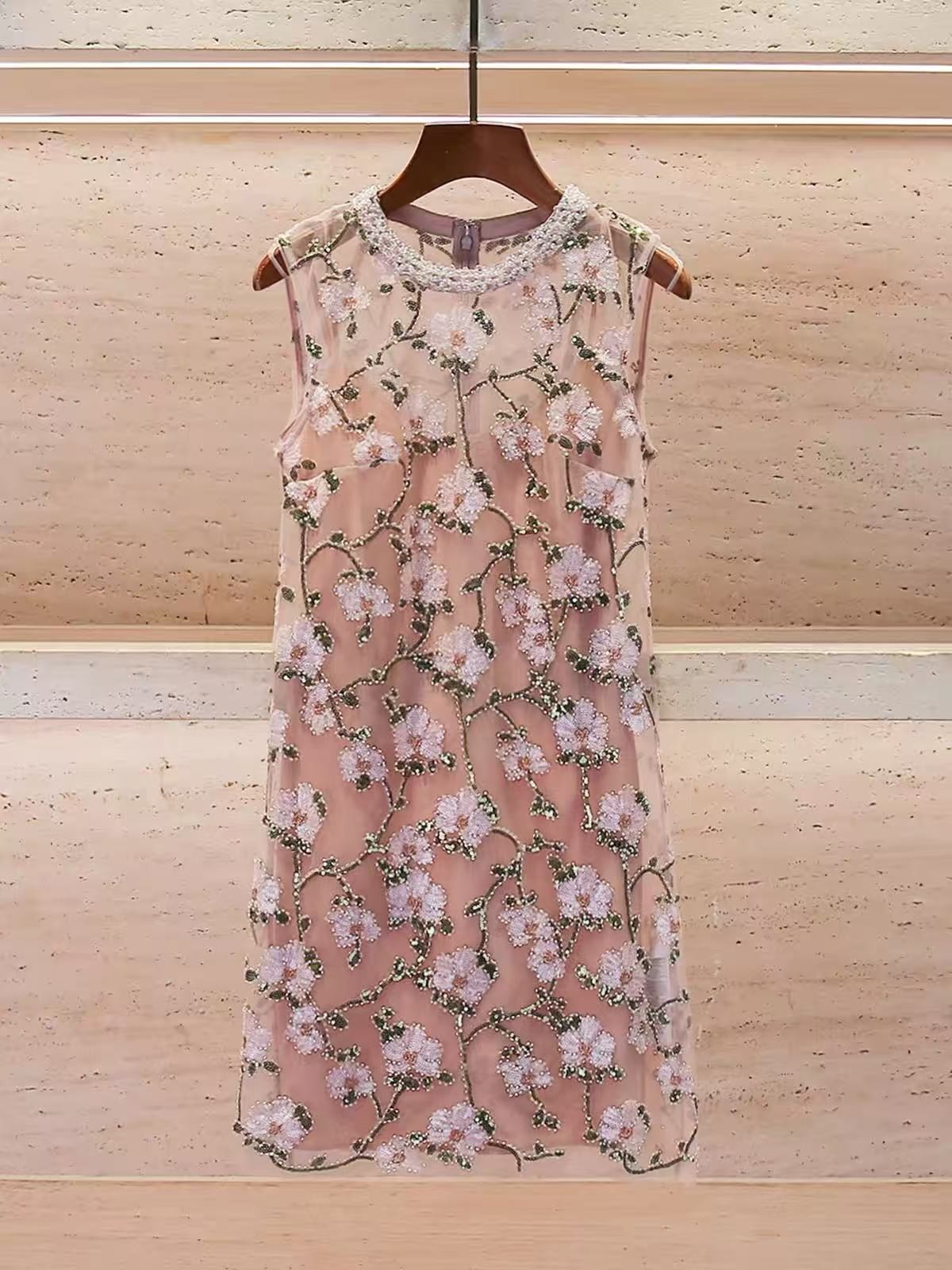 Self-Portrait Pink flower embroidery bead decoration sleeveless dress short skir