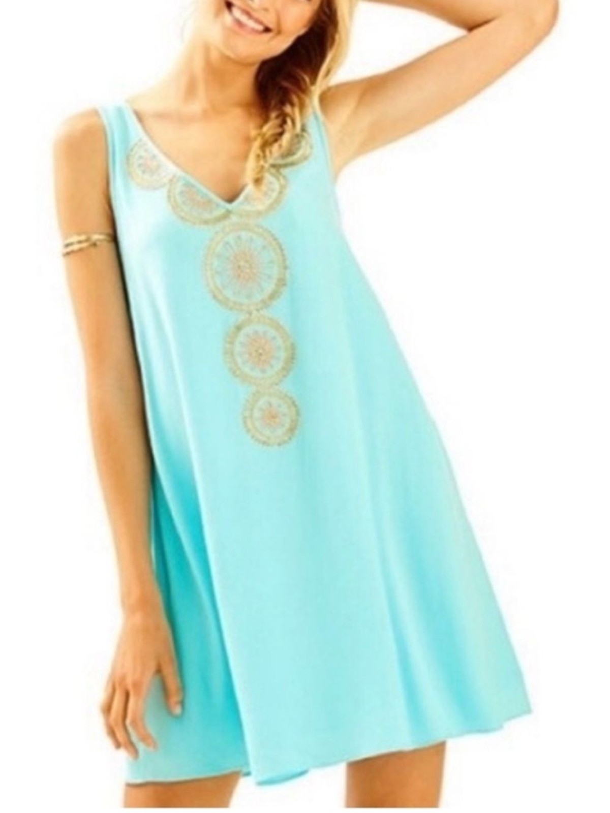 Lilly Pulitzer Mint Green Serene Blue Shift Fia Dress Gold bead embellishment S